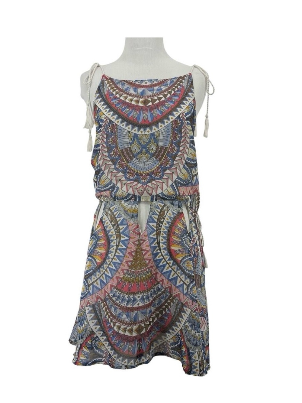 Earthbound Trading Co Size L Mini‎ Boho Dress Cutout Fringe Tassels Sleeveless